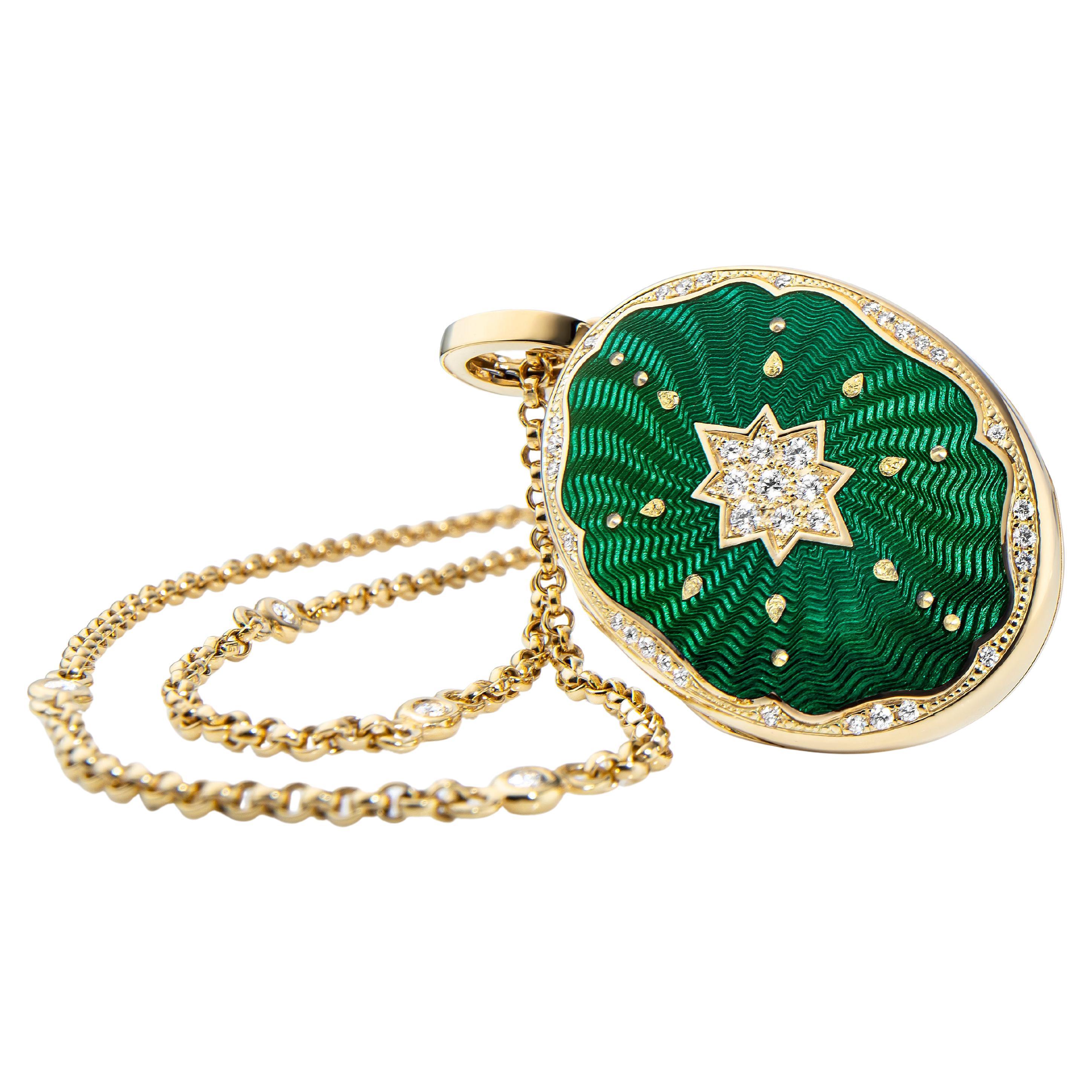 Victor Mayer oval locket pendant 18k yellow gold, Victoria collection, translucent emerald green vitreous enamel, gold paillons, 37 diamonds, total 0.29 ct, G VS, brilliant cut, measurements app. 25 mm x 35 mm

About the creator Victor Mayer
Victor