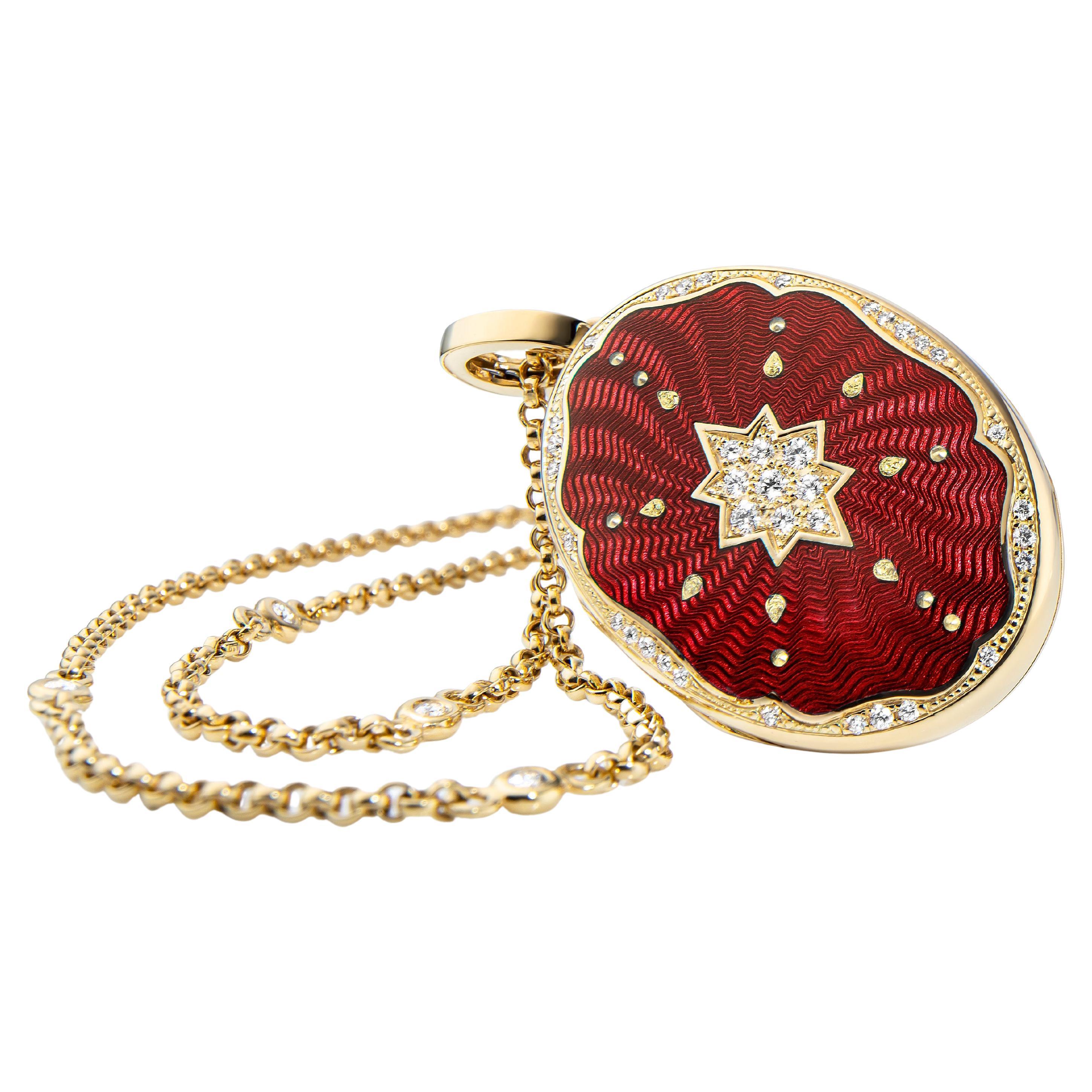 Oval Locket Pendant Necklace 18k Yellow Gold Red Enamel 37 Diamonds 0.29 ct G VS For Sale