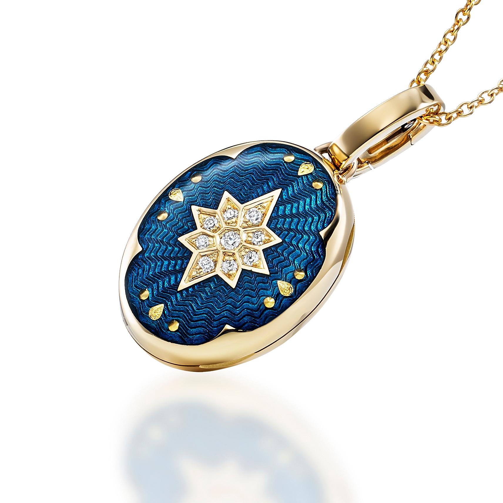 Colgante Victoria Ovalado Relicario Oro Amarillo 18k Esmalte Azul 9 Diamantes 0,07 ct G VS en venta 4