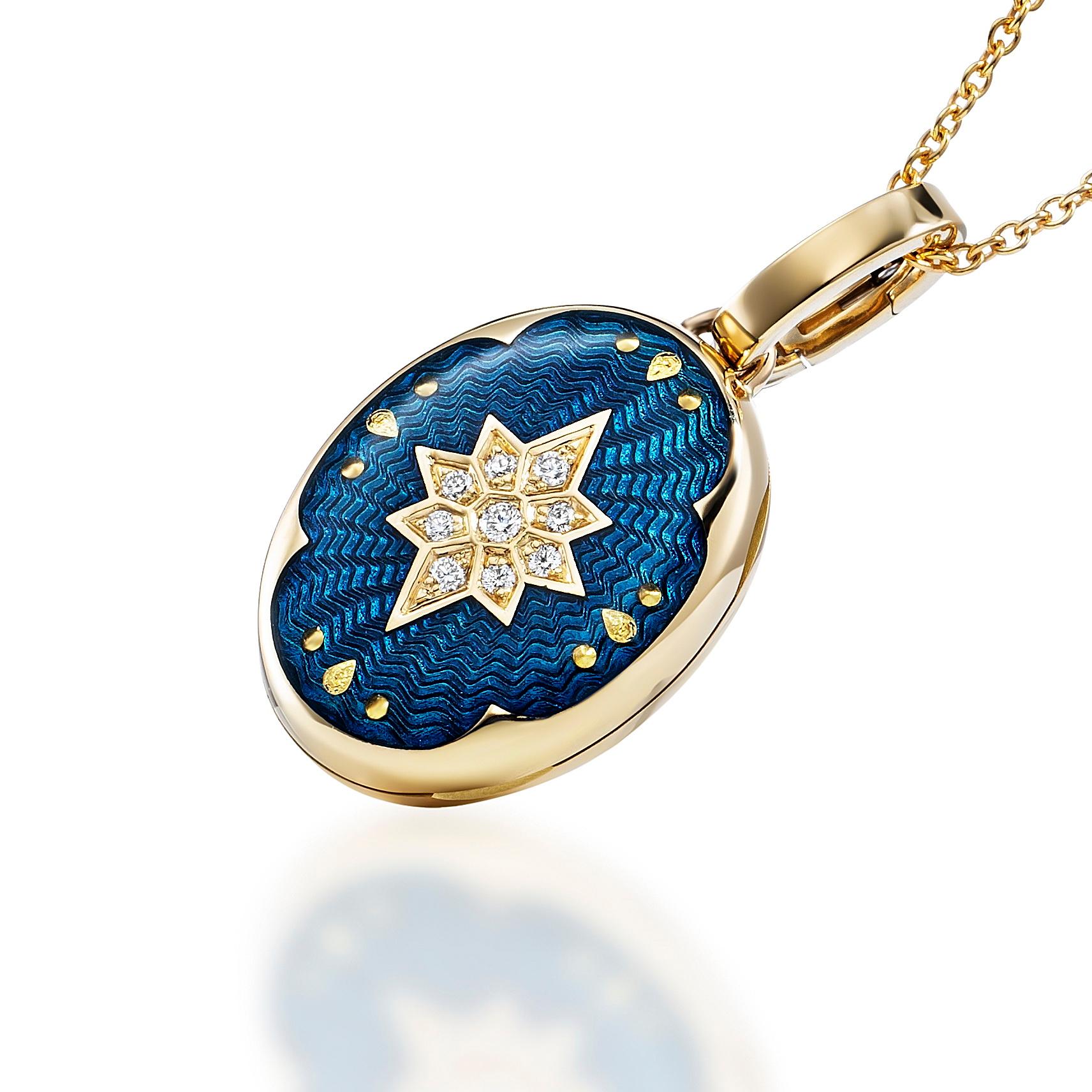 Oval Victoria Pendant Locket 18k Yellow Gold Blue Enamel 9 Diamonds 0.07 ct G VS For Sale 1