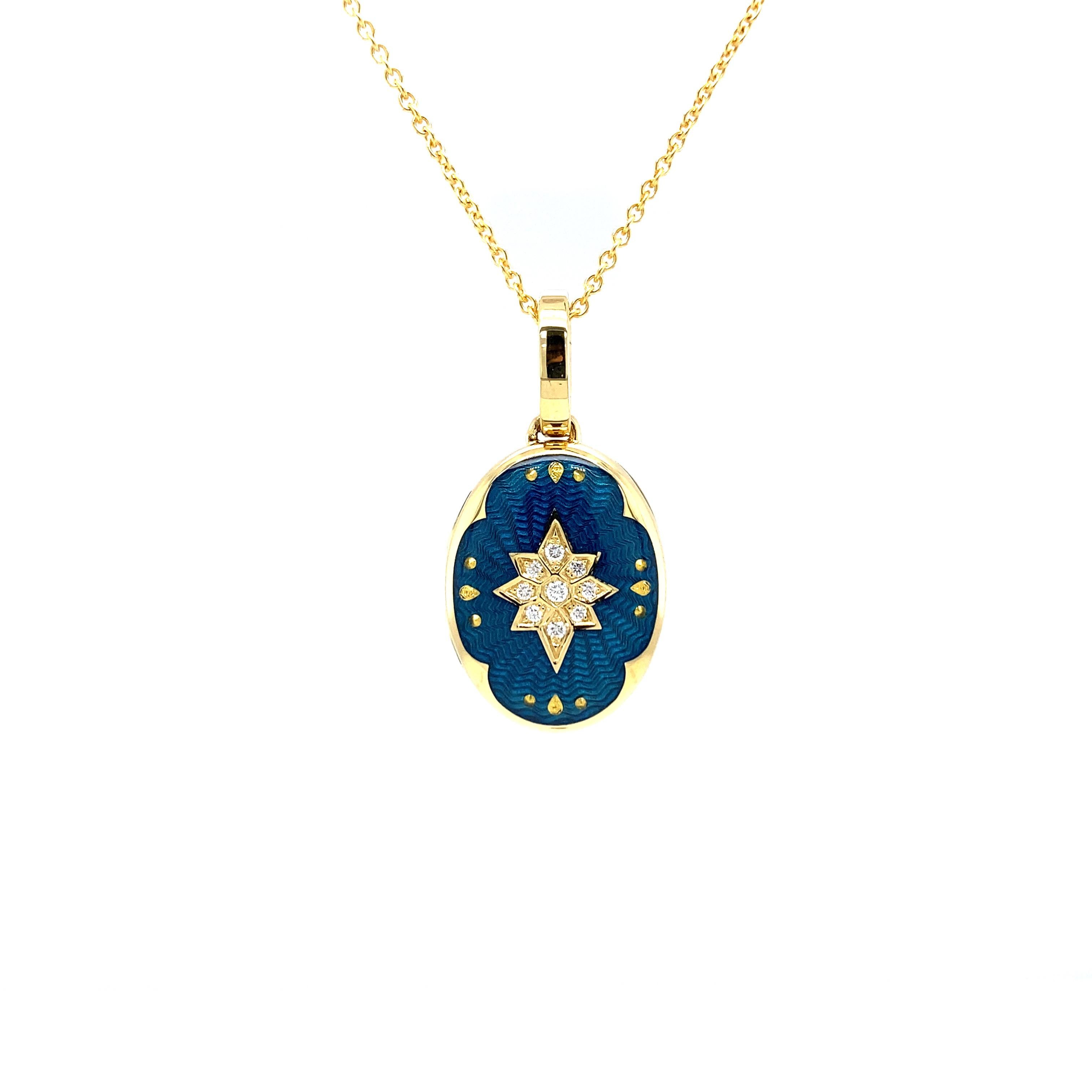 Victor Mayer oval pendant locket 18k yellow gold, Victoria Collection, peacock blue vitreous enamel, 9 diamonds, total 0.07 ct, G VS, brilliant cut, measurements app. 20.0 mm x 15.0 mm

About the creator Victor Mayer
Victor Mayer is internationally