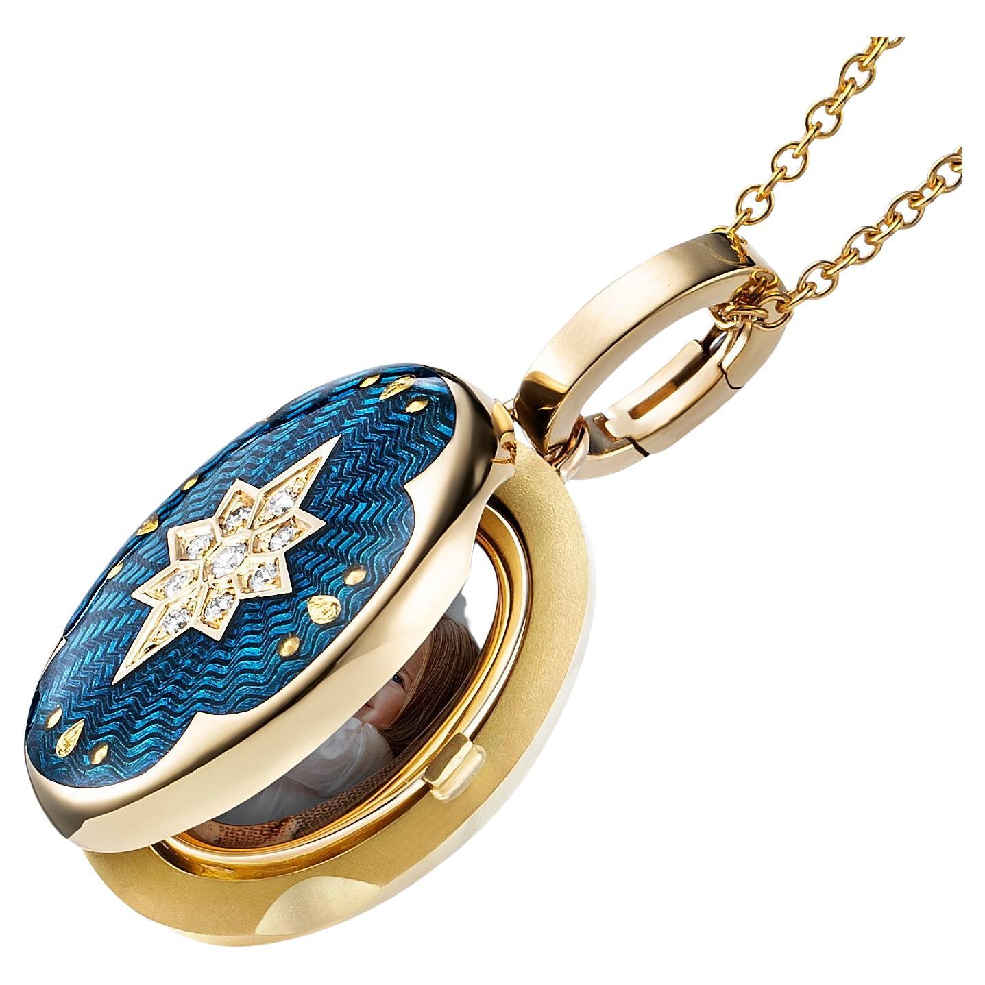 Oval Victoria Pendant Locket 18k Yellow Gold Blue Enamel 9 Diamonds 0.07 ct G VS For Sale