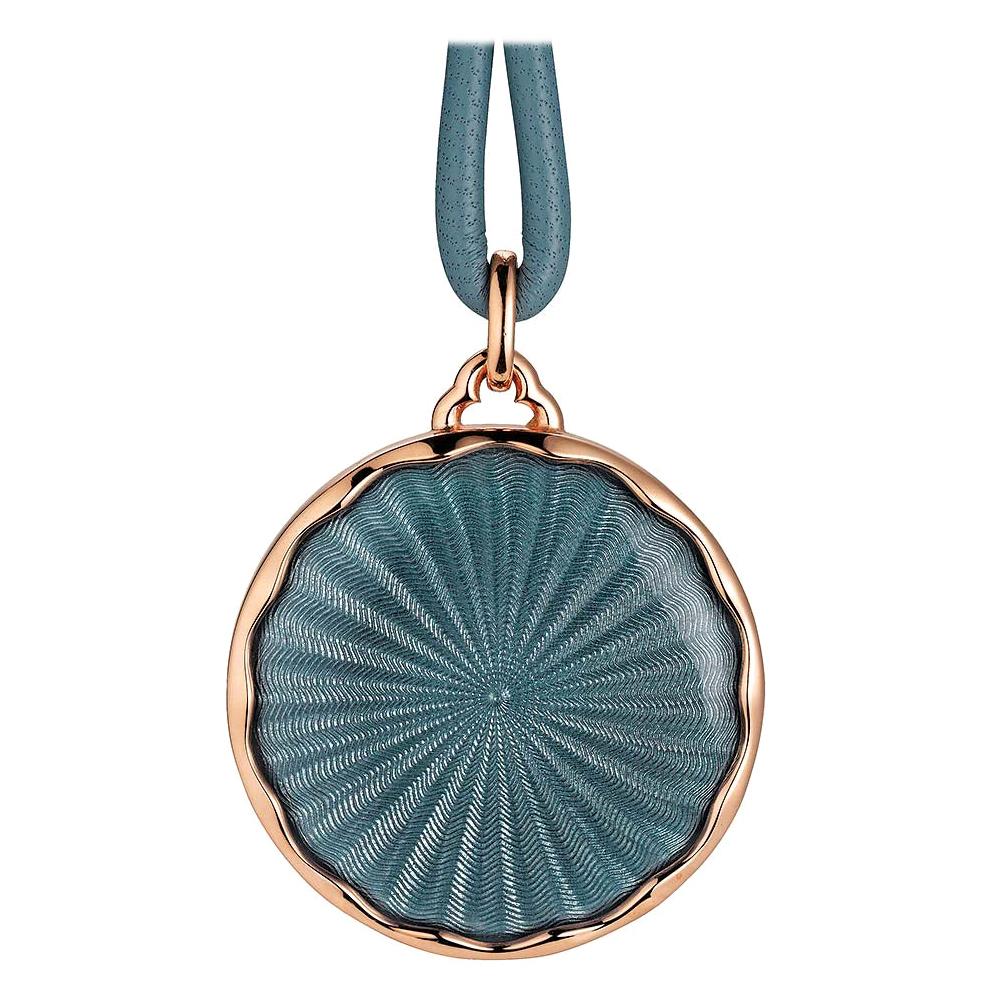 Round Pendant Collier 18k Rose Gold/925-Sterling Silver Grey Enamel Guilloche For Sale