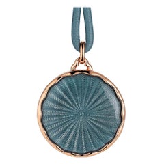 Round Pendant Collier 18k Rose Gold/925-Sterling Silver Grey Enamel Guilloche