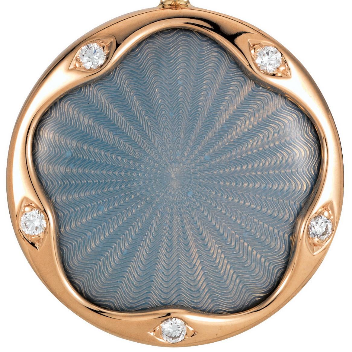 Round Pendant 18k Rose Gold Turquoise Vitreous Enamel Guilloche 5 Diamond 0.07ct For Sale 1
