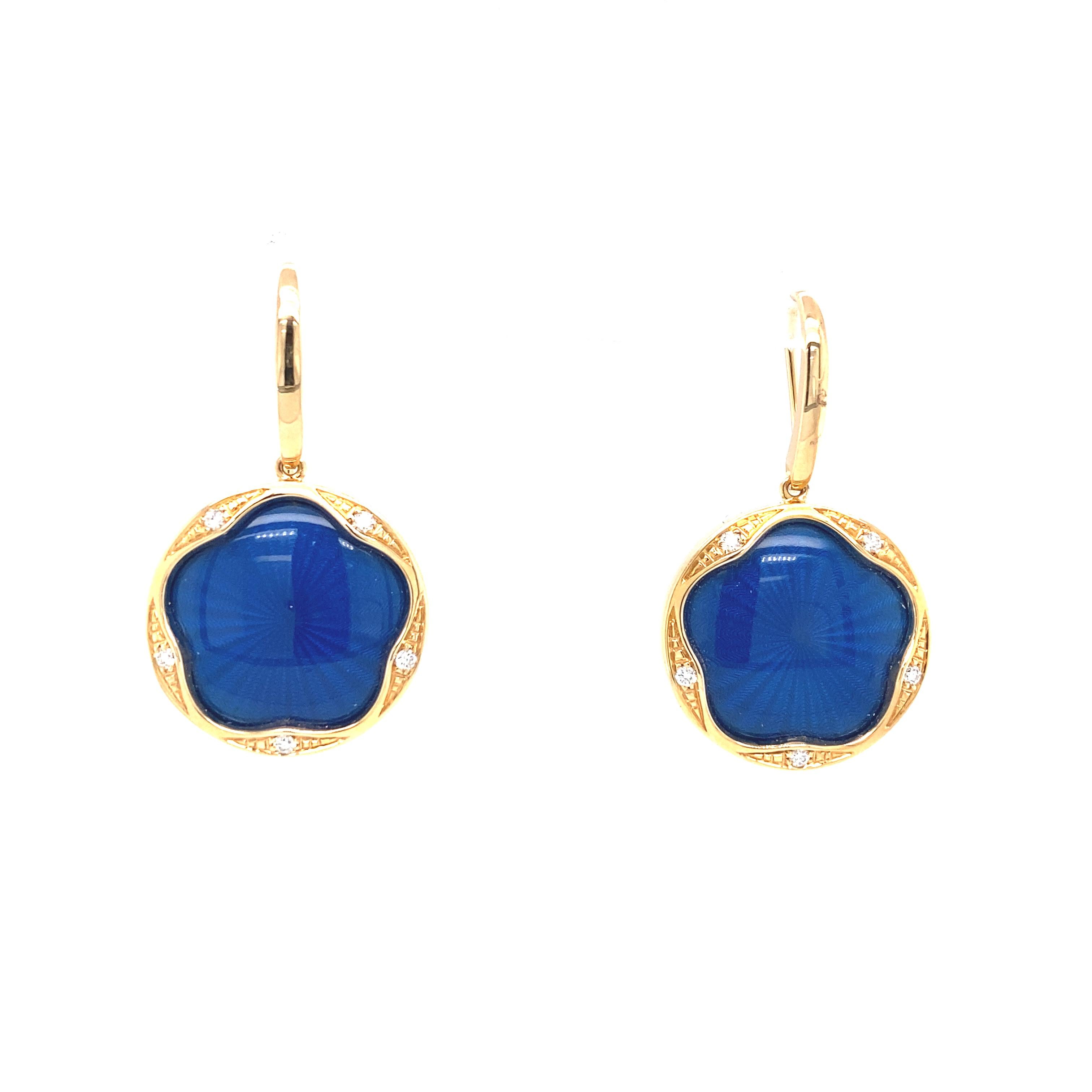 Victor Mayer round drop earrings 18k rose gold and 925/- silver, Macaron collection, translucent petrol blue vitreous enamel, guilloche, 10 diamonds, total 0.15 ct, briliant cut, G VS, Diameter app. 18.9 mm, height with eyelet app. 33.8 mm

About