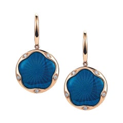 Round Drop Earrings 18k Rose Gold, 925/-Silver Petrol Enamel 10 Diamonds 0.15 ct