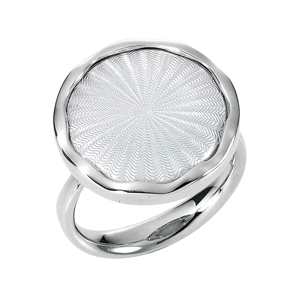 Victor Mayer Ring Enamel Round 18k White Gold White Guilloche 925 Silver Disc  For Sale