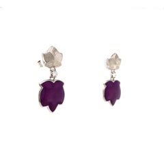 Leave Shaped Drop Earrings 18k Yellow Gold Raspberry Enamel 2 Diamonds 0.10 ct