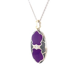 Oval Custom Locket Pendant 18k Yellow Gold Raspberry/Silver Enamel Diamond 0.1ct