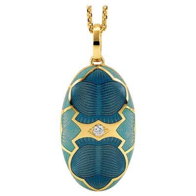18 Karat Yellow Gold Locket with Green Ename and Diamonds on Chain with ...
