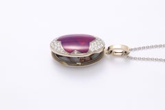 Oval Pendant Locket 18k Yellow Gold Raspberry Enamel 43 Diamonds 0.55 ct G VS
