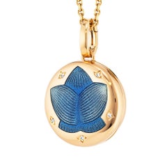 Round Locket Pendant 18k Yellow Gold Opalescent Blue Vitreous Enamel 5 Diamonds