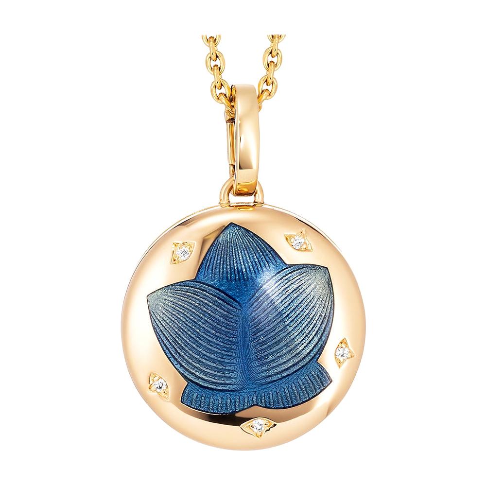 Round Locket Pendant 18k Yellow Gold Opalescent Blue Vitreous Enamel 5 Diamonds