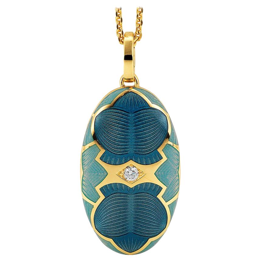 Collier pendentif médaillon ovale en or jaune 18 carats, émail bleu/turquoise et diamant 0,1 carat