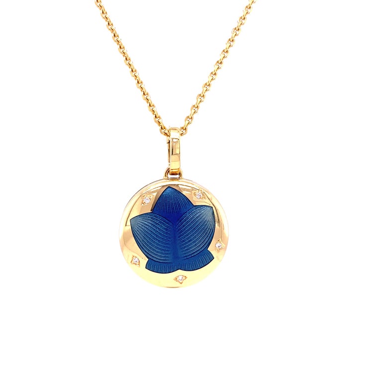 Round Locket Pendant Necklace 18k Yellow Gold Opalescent Blue Enamel 5 Diamonds For Sale at 1stDibs