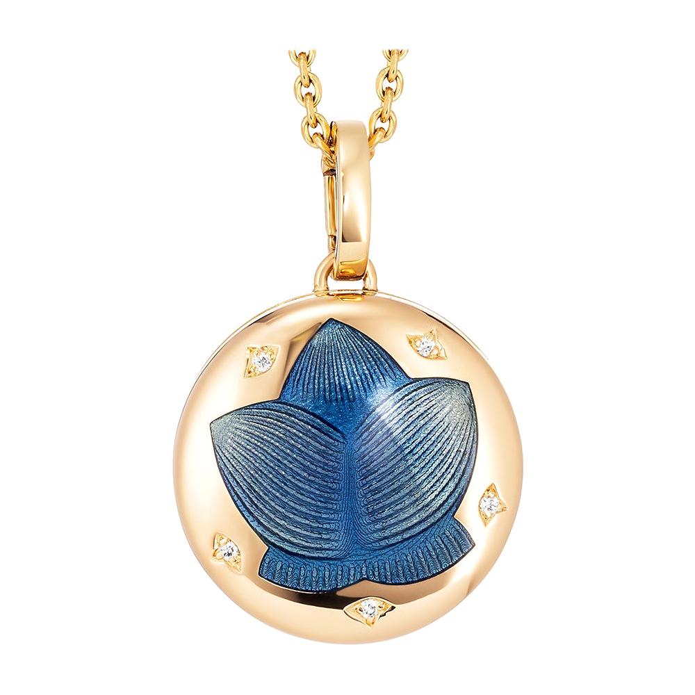 Round Locket Pendant Necklace 18k Yellow Gold Opalescent Blue Enamel 5 Diamonds