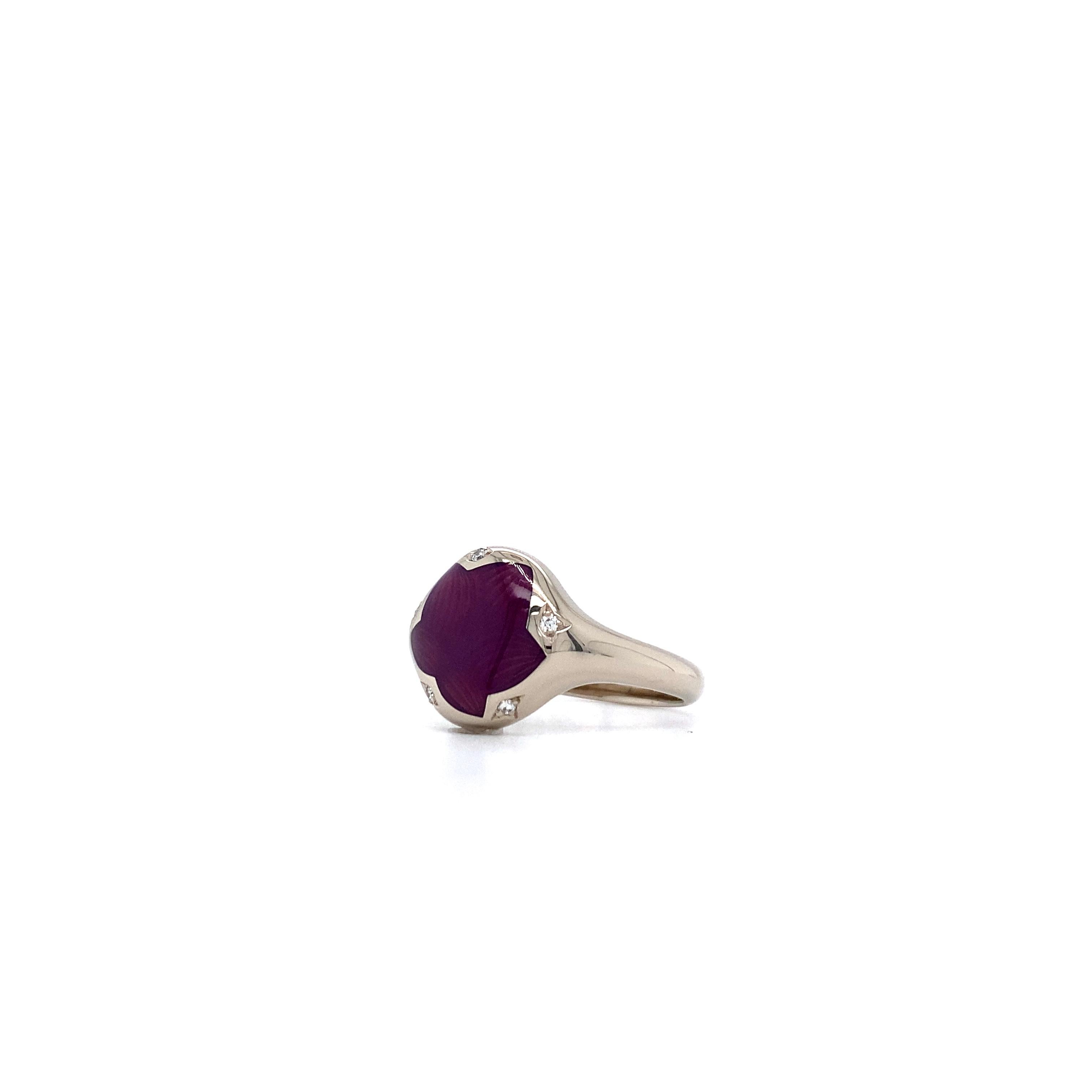 Anello smalto rotondo viola opalescente oro bianco 18k 5 diamanti 0,03 carati in vendita 6
