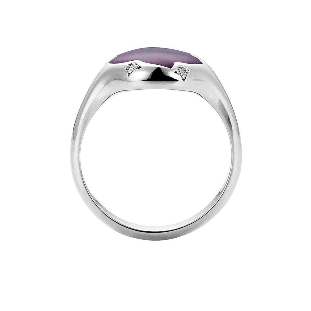 Art Nouveau Ring Enamel Round Opalescent Purple 18k White Gold 5 Diamonds 0.03 ct For Sale