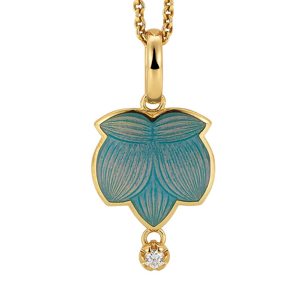 Victor Mayer leave shaped pendant 18k yellow gold, Merian Collection, opalescent turquoise vitreous enamel, 1 diamond 0.05 ct, G VS, measurements app. 19.8 mm x 13.8 mm

About the creator Victor Mayer
Victor Mayer is internationally renowned for