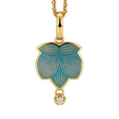 Leave Shaped Pendant - 18k Yellow Gold - Turquoise Enamel 1 Diamond 0.05 ct G VS