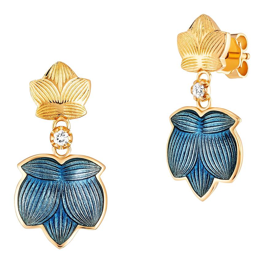 Floral Dangle Earrings 18k Yellow Gold Blue Vitreous Enamel 2 Diamonds 0.10 ct For Sale