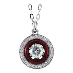 Round Soirée Pendant 18k white Yellow Gold Red Enamel 39 Diamonds 1.09 ct G VS