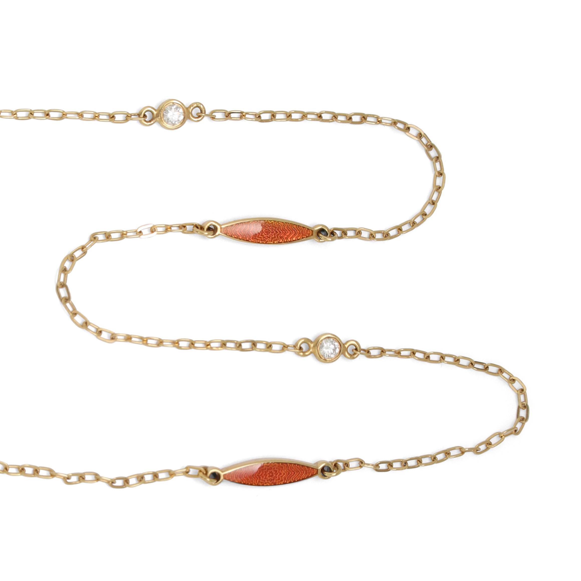Contemporary Necklace 18k Yellow Gold Light Red Vitreous Enamel 2 Diamonds 0.10 ct 46.0 cm For Sale