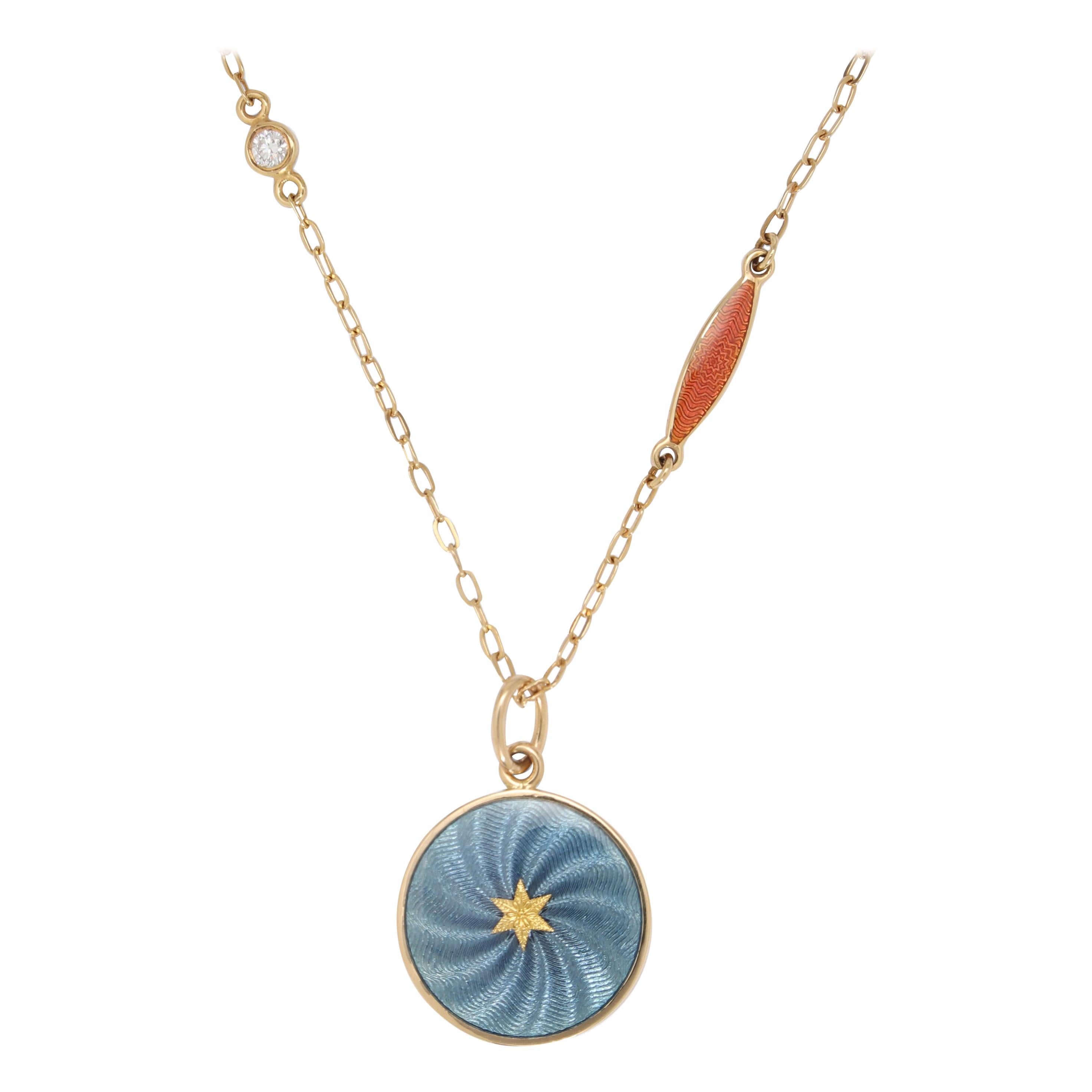 Necklace 18k Yellow Gold Light Red Vitreous Enamel 2 Diamonds 0.10 ct 46.0 cm For Sale