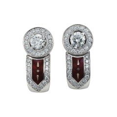 Boucles d'oreilles créoles en or jaune 18 carats, émail rouge aubergine et vitre 64 diamants 1,74 carat