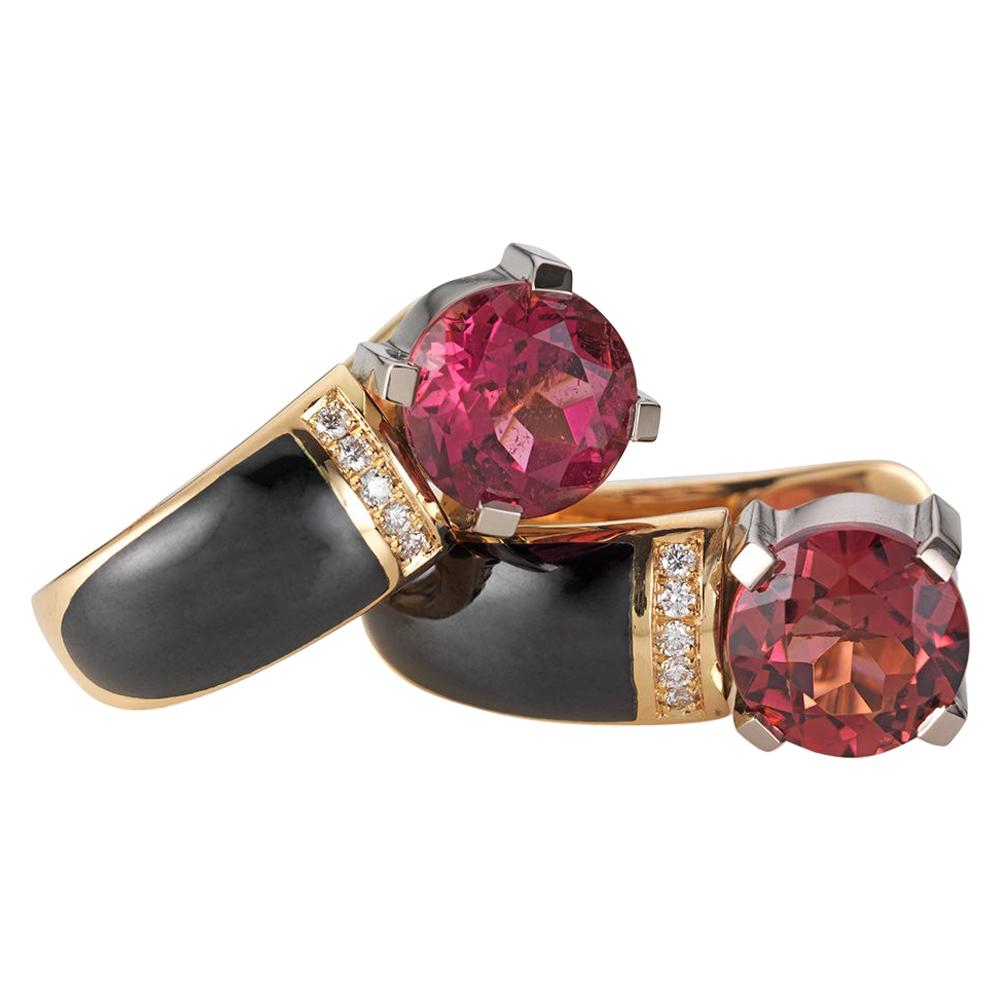 Hoop Earrings 18k Yellow/White Gold Black Enamel 10 Diamonds 0.07 ct 2 Rubellite For Sale