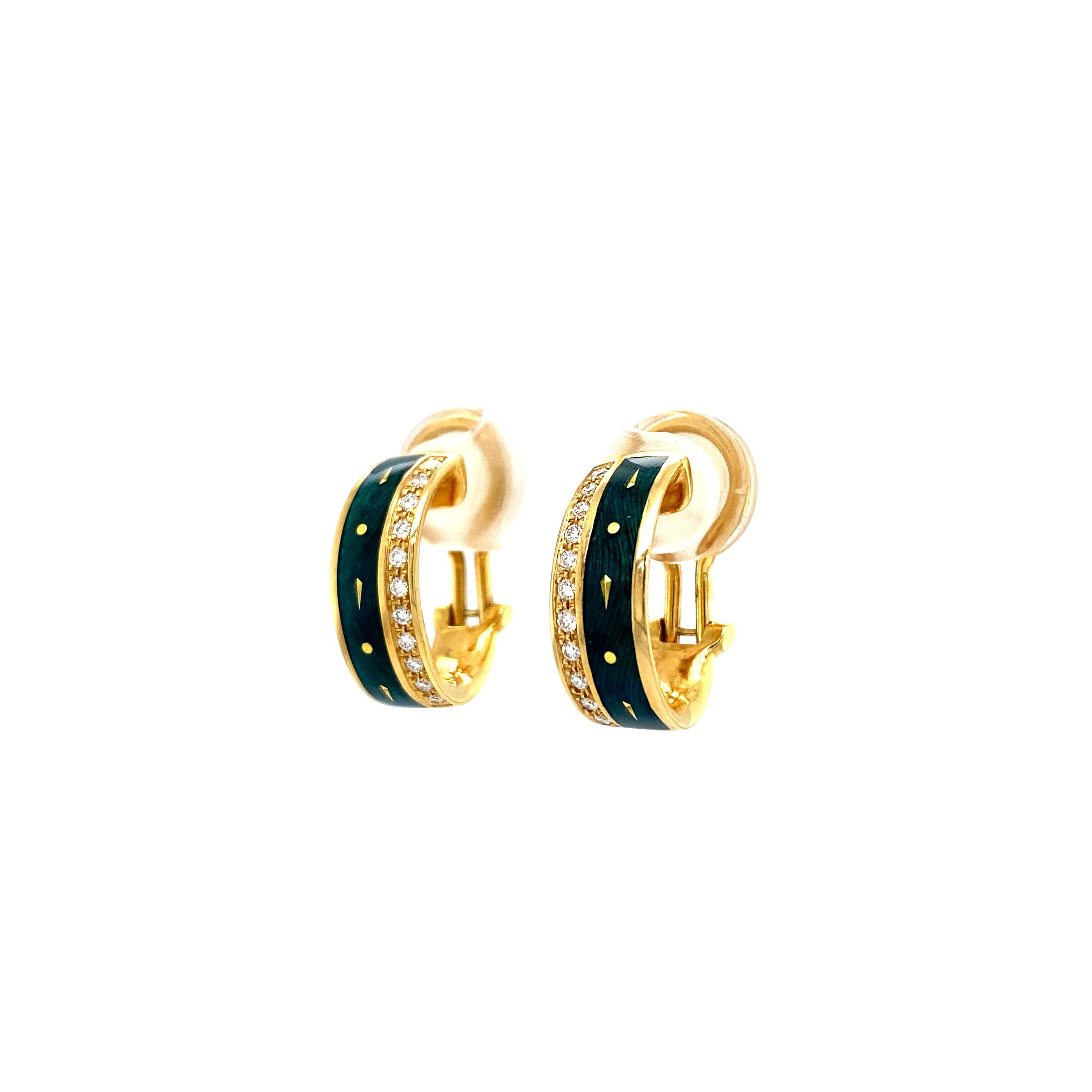 Hoop Earrings 18k Yellow Gold Green Vitreous Enamel Paillons 22 Diamonds 0.22 ct For Sale 3