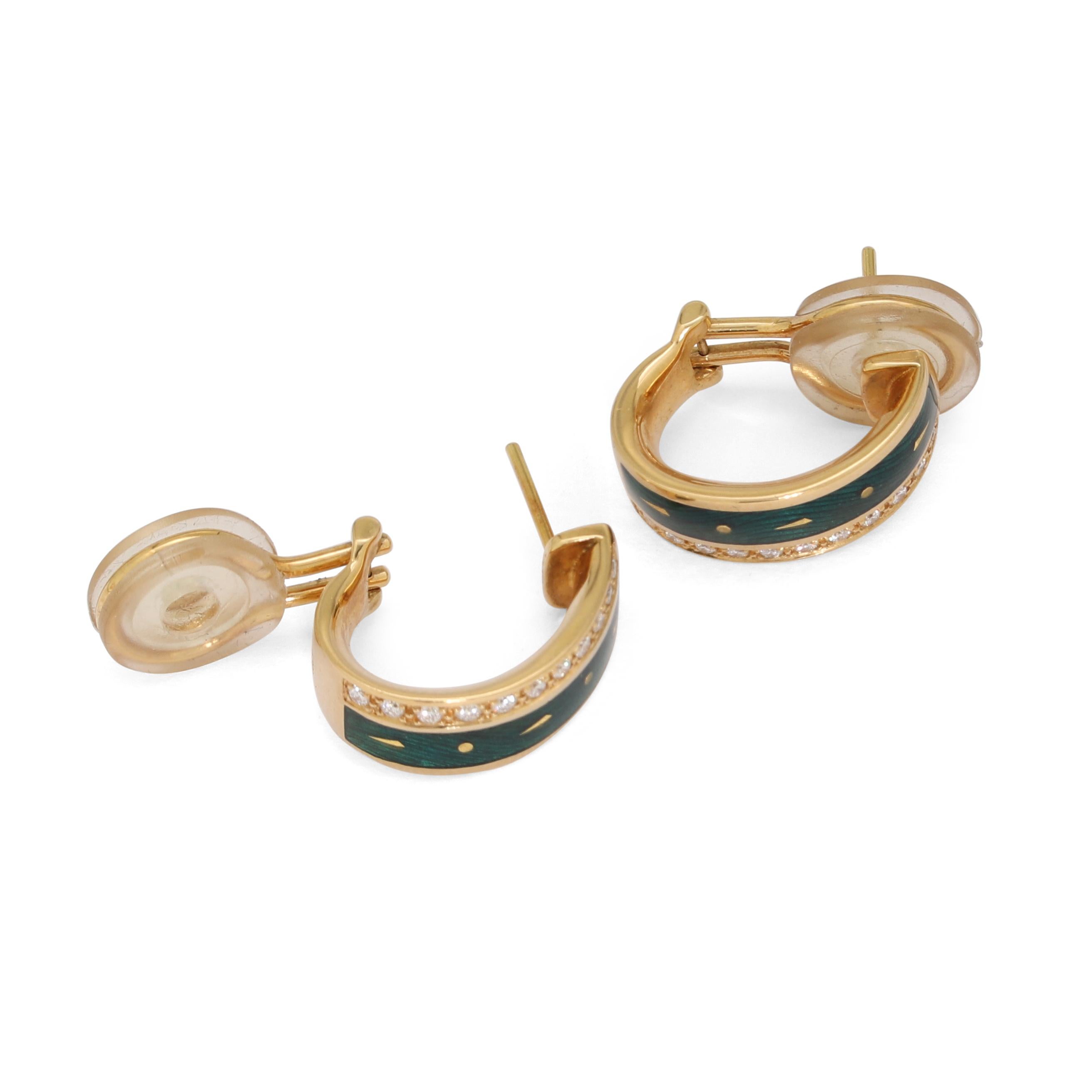 Contemporary Hoop Earrings 18k Yellow Gold Green Vitreous Enamel Paillons 22 Diamonds 0.22 ct For Sale