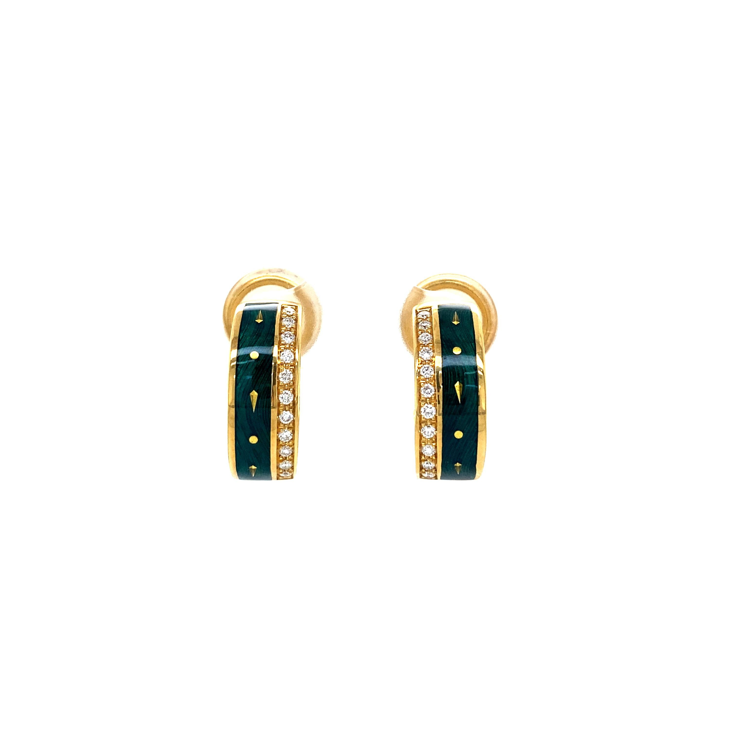 Brilliant Cut Hoop Earrings 18k Yellow Gold Green Vitreous Enamel Paillons 22 Diamonds 0.22 ct For Sale