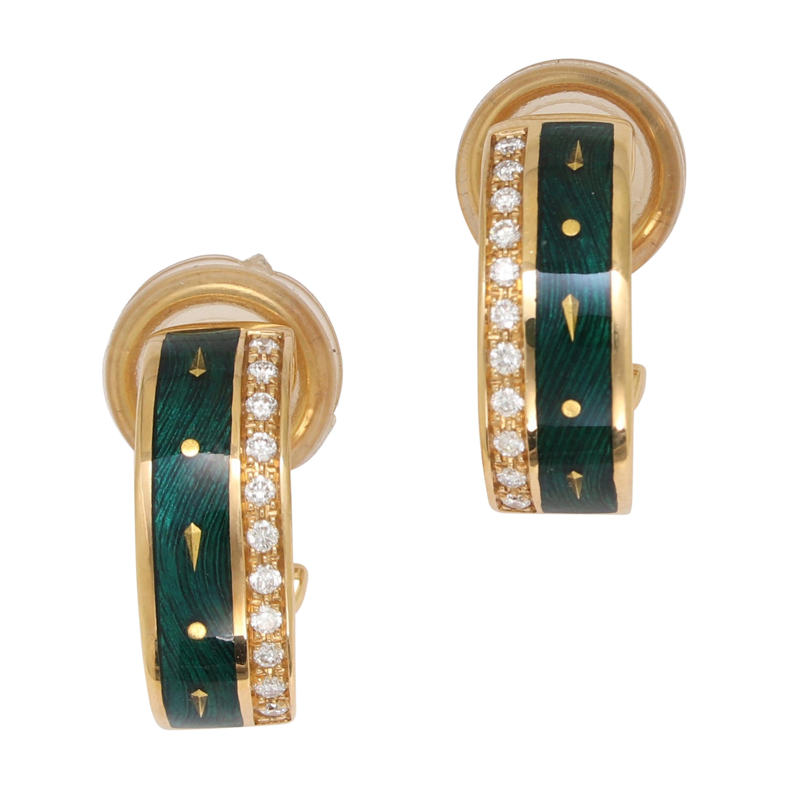 Hoop Earrings 18k Yellow Gold Green Vitreous Enamel Paillons 22 Diamonds 0.22 ct For Sale