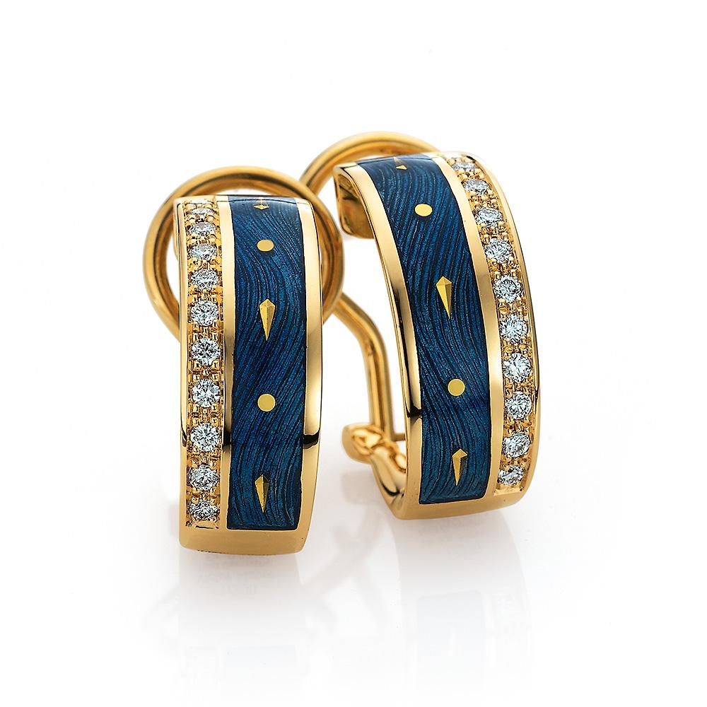 Victor Mayer round hoop earrings 18k yelloe gold, Opera collection, translucent medium blue vitreous enamel, gold paillons, 22 diamonds, total 0.22 ct, G VS, brilliant cut, width app. 7.0 mm

About the creator Victor Mayer 
Victor Mayer is