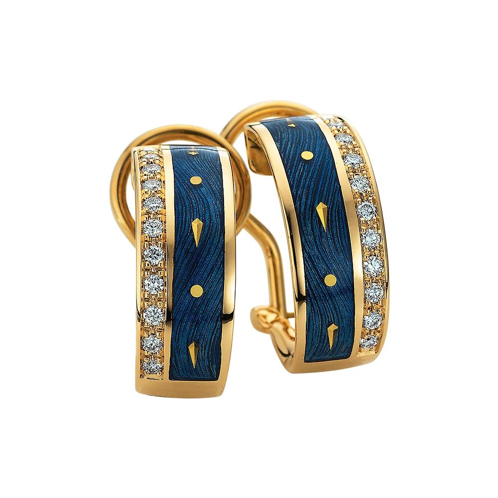 Round Hoop Earrings 18k Yellow Gold Blue Vitreous Enamel 22 Diamonds 0.22 ct For Sale