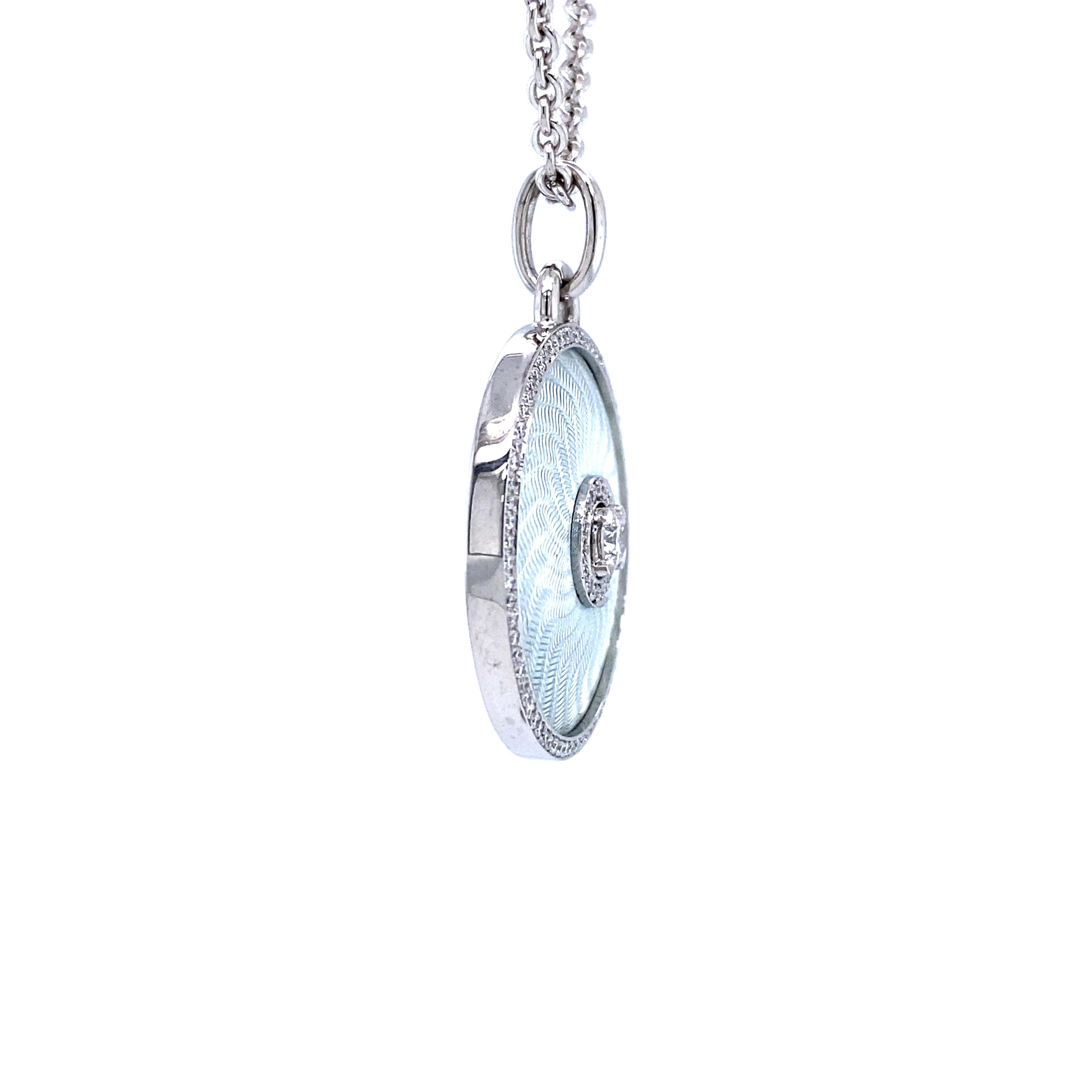 Brilliant Cut Round Pendant Opera 18k White Gold Silver Fondant Enamel 92 Diamonds 0.37 ct GVS For Sale