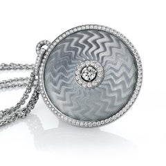 Pendentif rond en or blanc 18 carats/925-argent sterling - émail d'argent 109 diamants