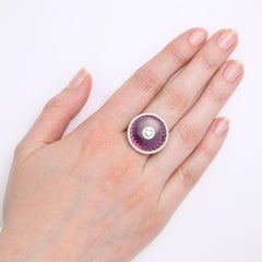Round Purple Vitreous Guillopche Enamel Ring 18k White Gold 92 diamonds 0.37ct