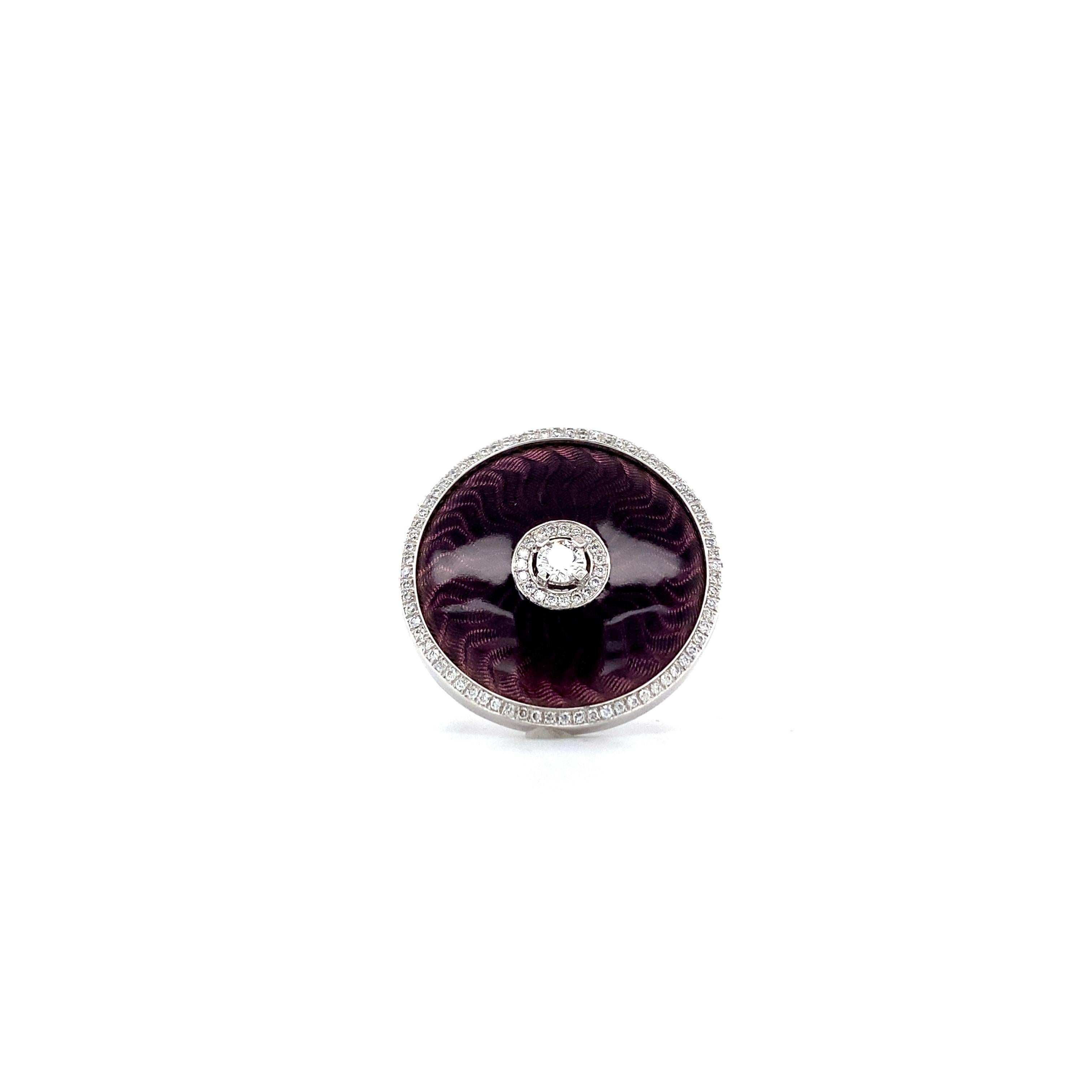 Contemporary Round Purple Vitreous Enamel Ring 18k White Gold/Sterling 92 diamonds 0.37ct For Sale