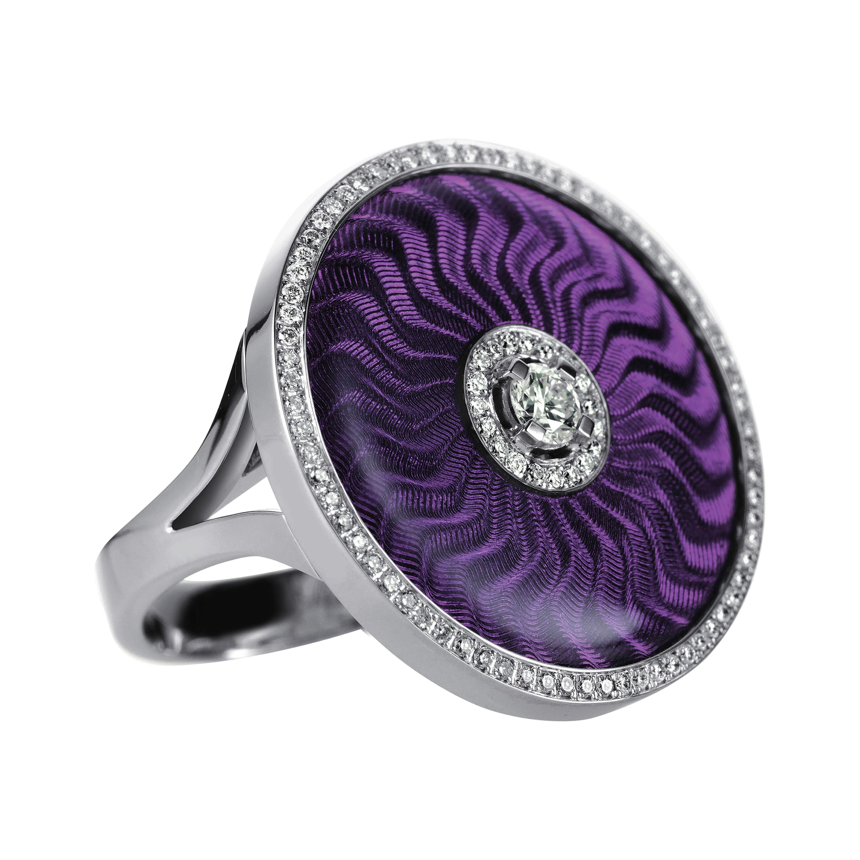 Round Purple Vitreous Enamel Ring 18k White Gold/Sterling 92 diamonds 0.37ct