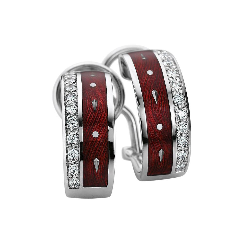 Runde Creolen 18k Weißgold Rotes Emaille 22 Diamanten 0,22 ct 7 mm