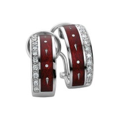 Round Hoop Earrings 18k White Gold Red Vitreous Enamel 22 Diamonds 0.22 ct 7 mm