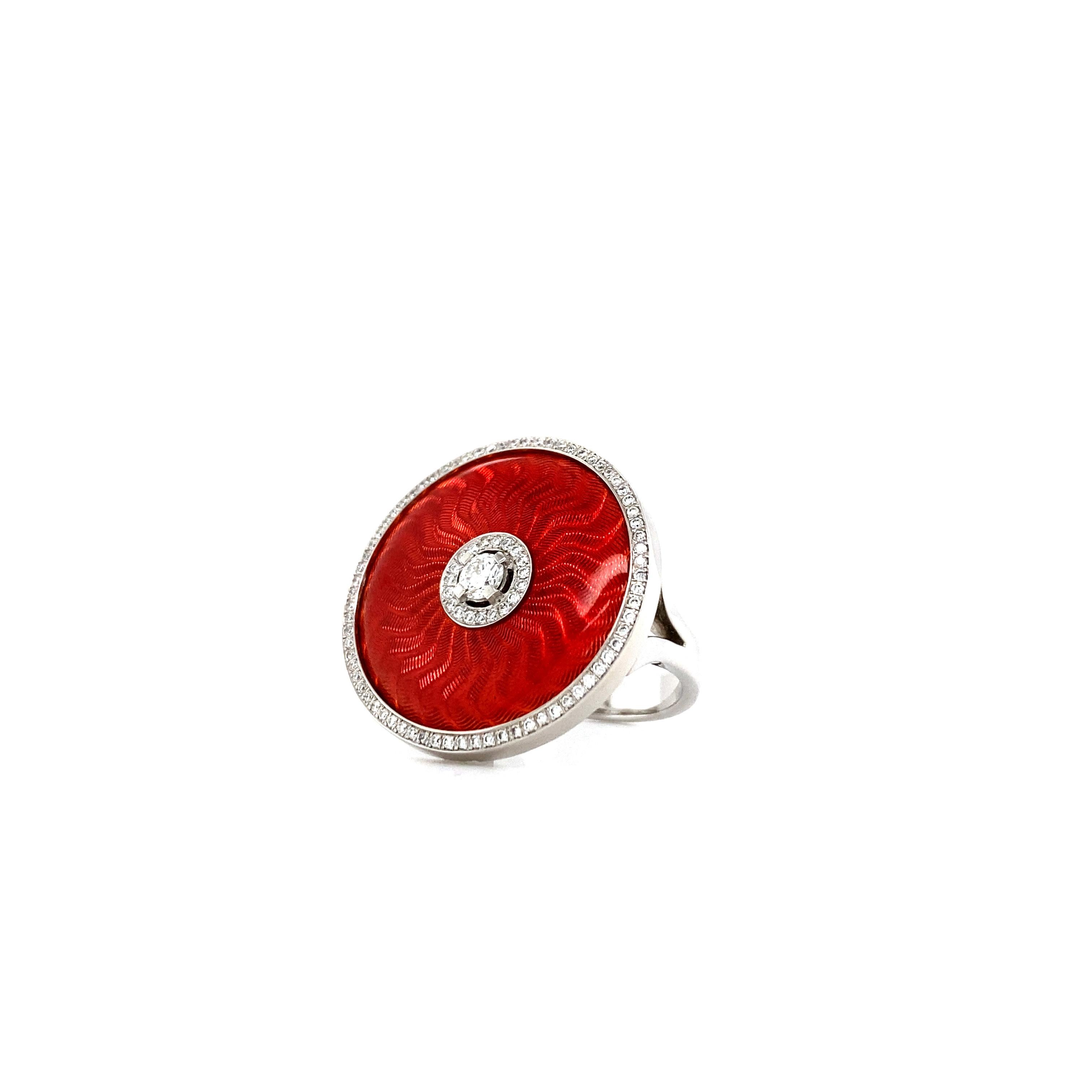 Ring Red Vitreous Enamel 18k White Gold/Yellow Gold 92 Diamonds Total 0.37 ct For Sale 2