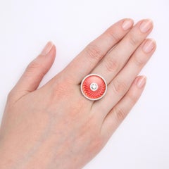 Ring Red Vitreous Enamel 18k White Gold/Yellow Gold 92 Diamonds Total 0.37 ct