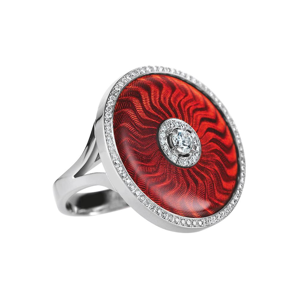 Ring Red Vitreous Enamel 18k White Gold/Yellow Gold 92 Diamonds Total 0.37 ct For Sale