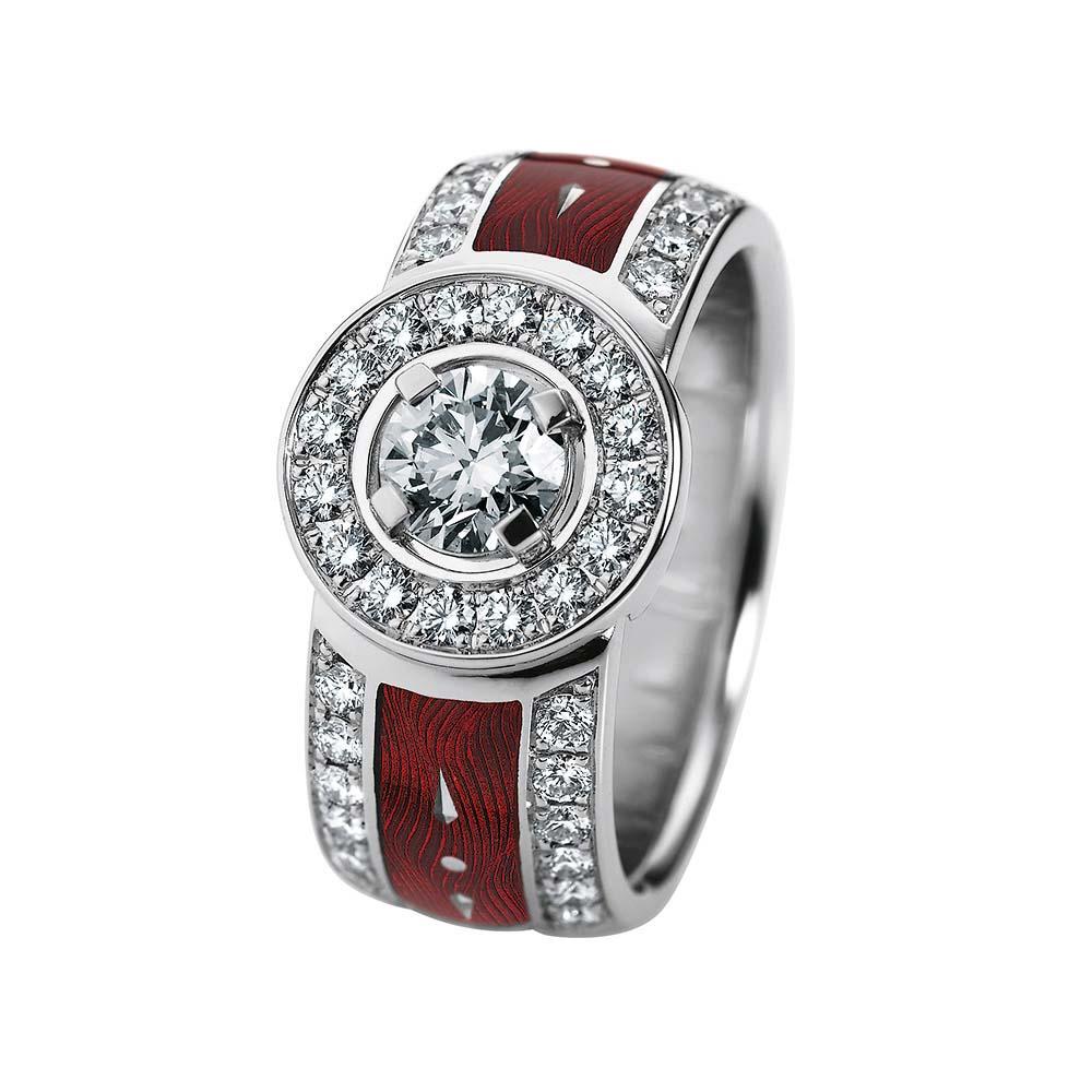Contemporary Victor Mayer Ring Red Vitreous Enamel 18k White Gold 51 Diamonds 1.20 ct For Sale