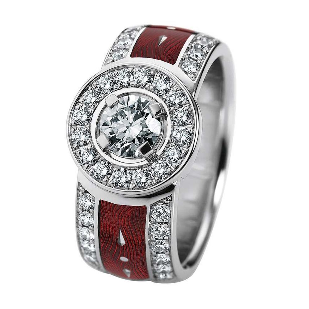 Victor Mayer Ring Red Vitreous Enamel 18k White Gold 51 Diamonds 1.20 ct