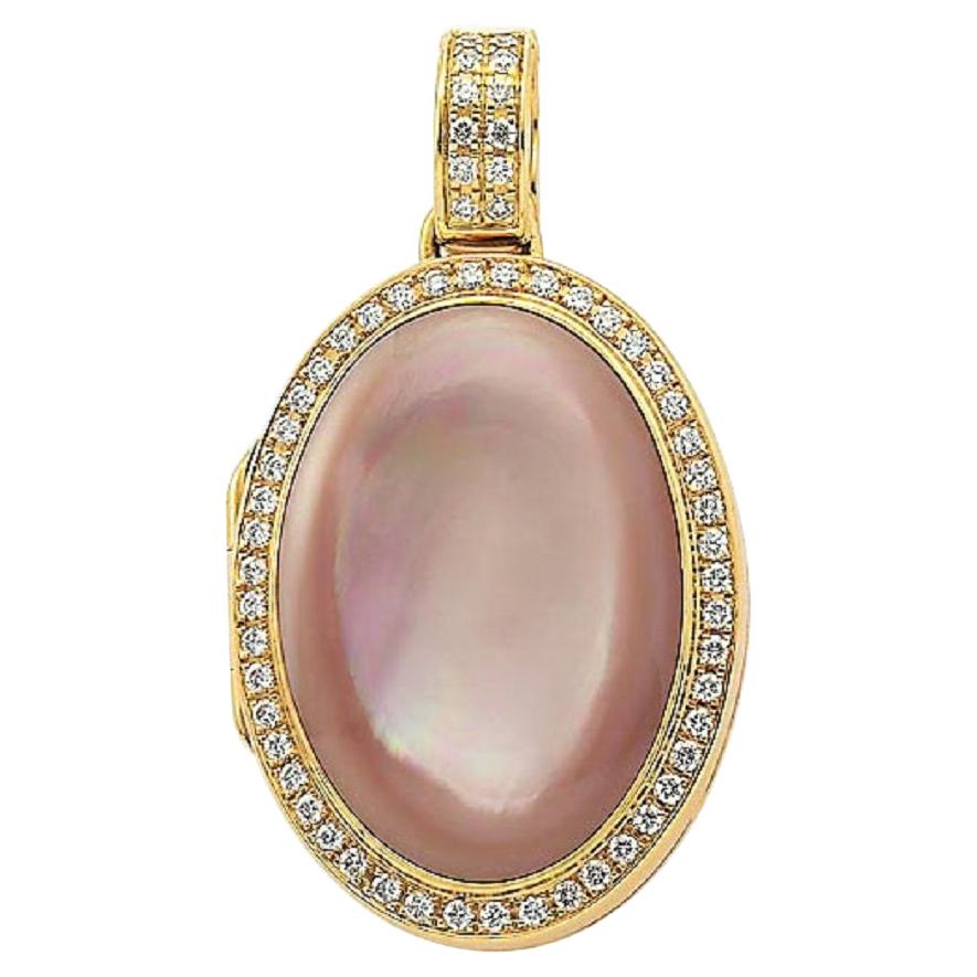 Oval Pendant Locket - 18k Yellow Gold - 60 Diamonds 0.60 ct H VS Cut Pearl Pink For Sale